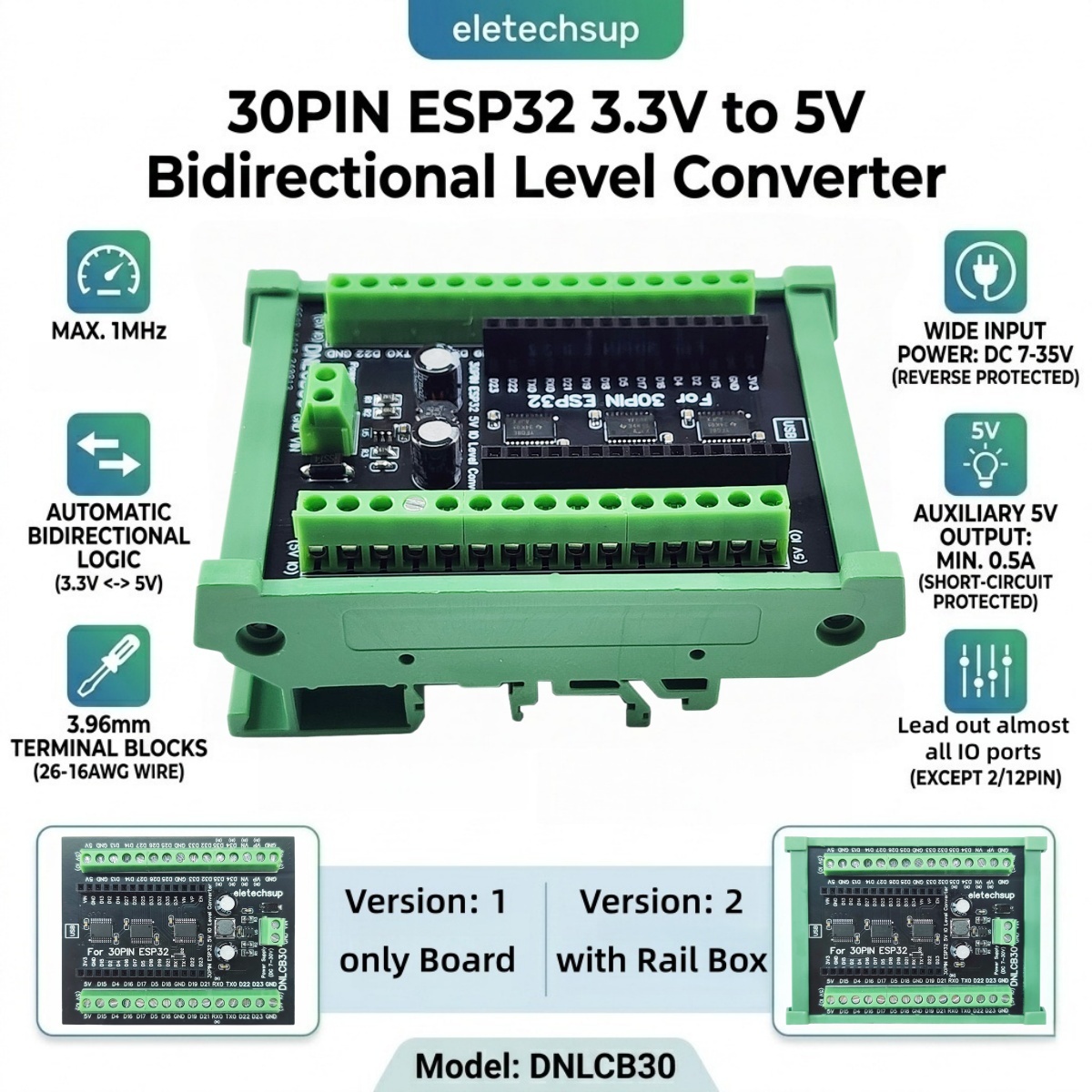 Level Shifter 3.3V - ESP32 30P DIN Rail Adapter, 3.3V